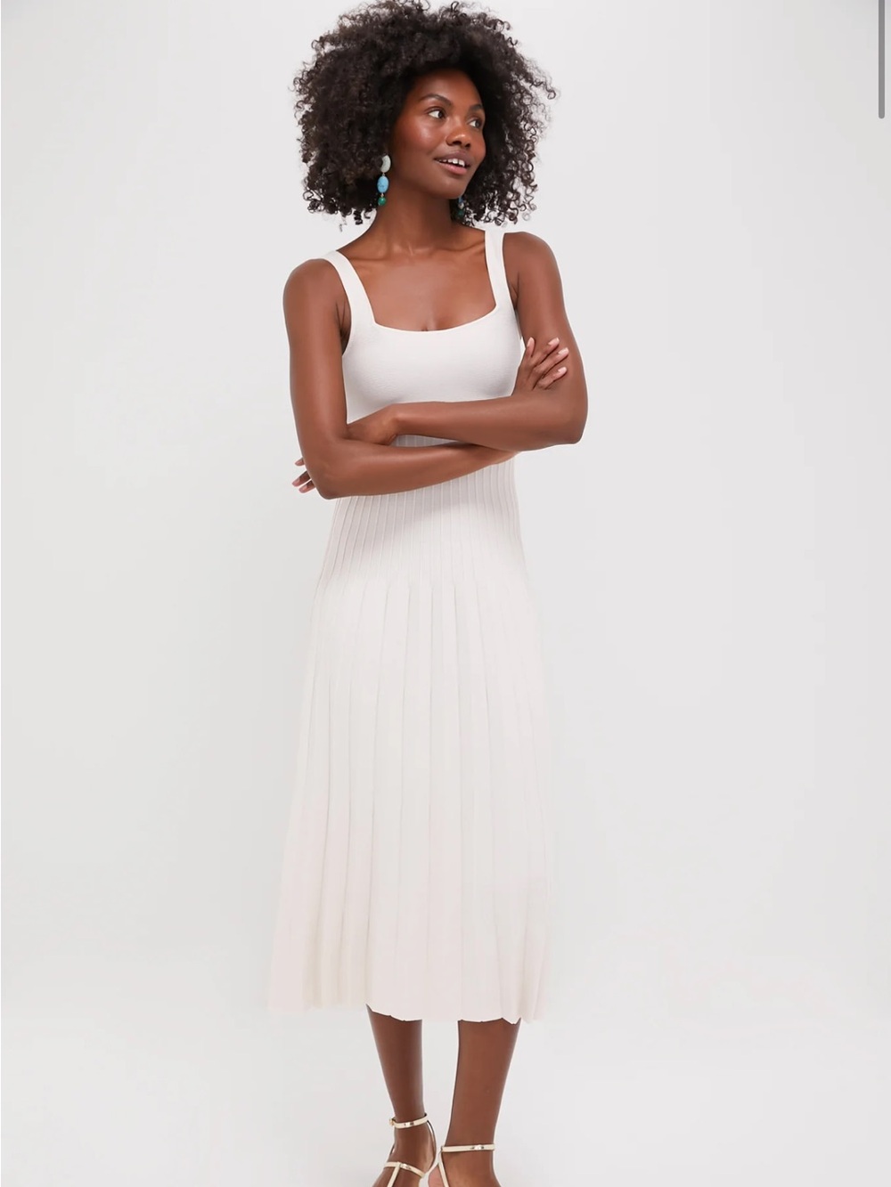 STAUD Cream Sleeveless Ribbed Pleated Midi Dress